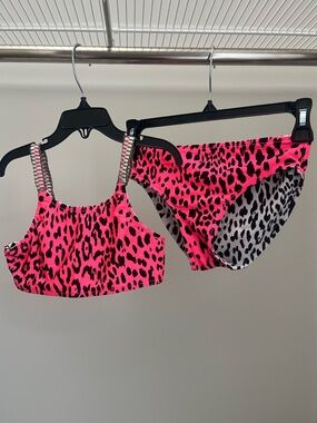 Arizona Jean Company Girls Reversible Neon Pink Leopard Print Two-Piece Bikinix